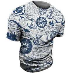 Summer Fashion Retro Compass graphic t shirts New Men Casual Personality English Letter Printed Round Neck Short sleeve tee Tops