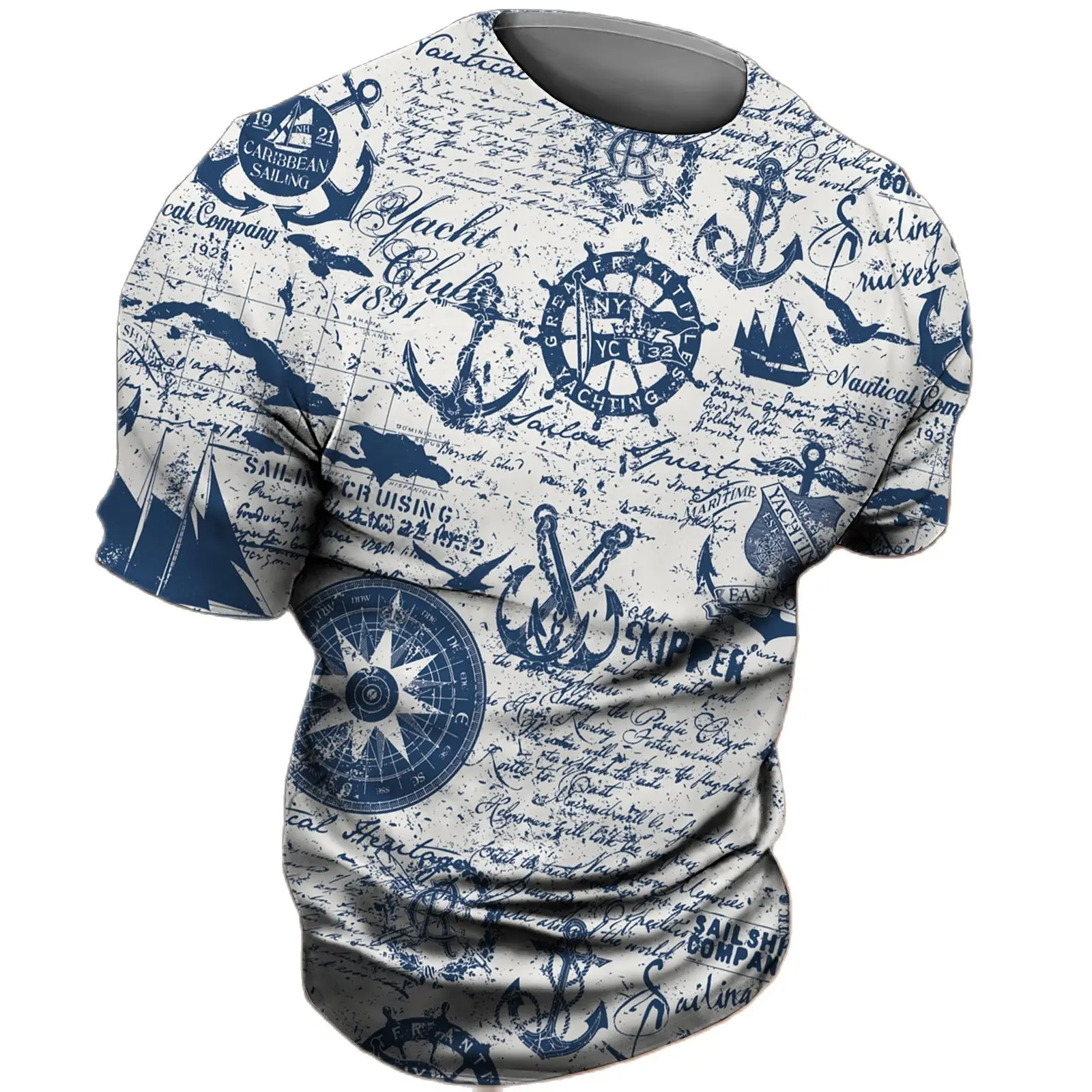 Summer Fashion Retro Compass graphic t shirts New Men Casual Personality English Letter Printed Round Neck Short sleeve tee Tops