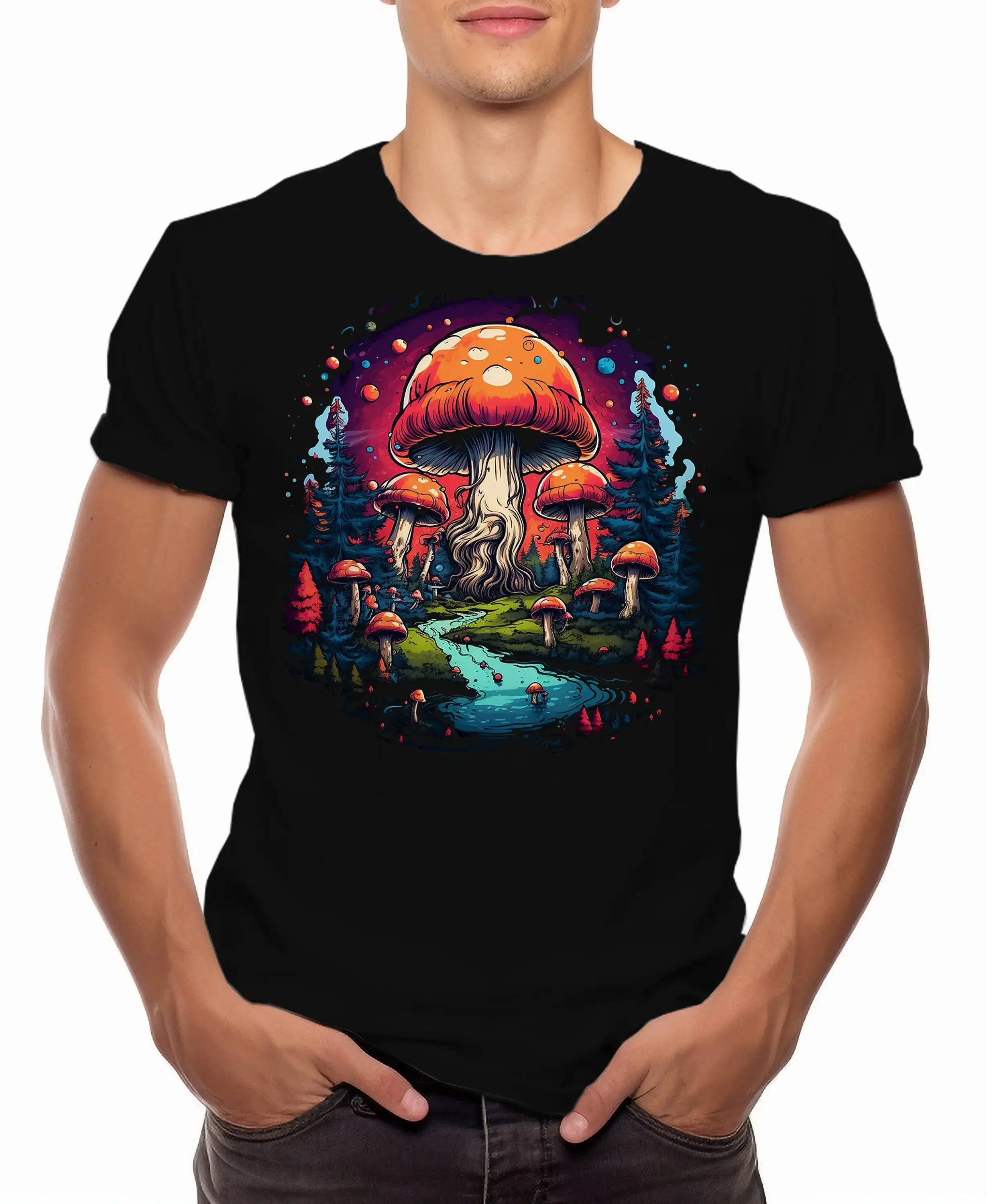 Giant Mushroom River Land T Shirt Men s Black Cotton Top Mens Goth Fantasy Dark