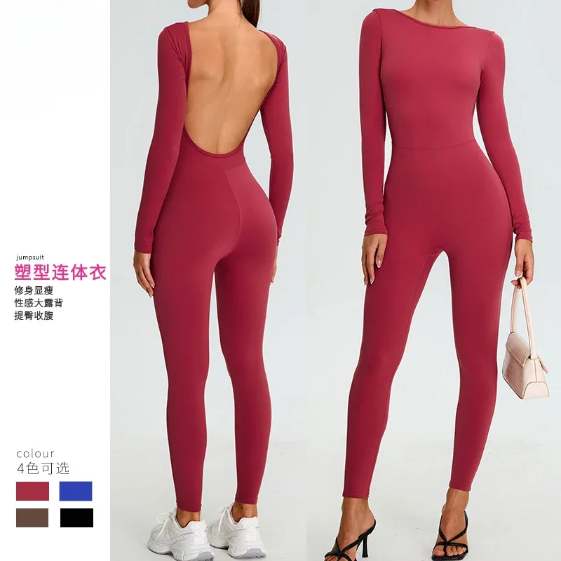 Quick-drying One Piece Yoga Jumpsuit Long Sleeve U-shaped Sexy Open Back Leggings Workout Clothes for Women Fitness Clothing