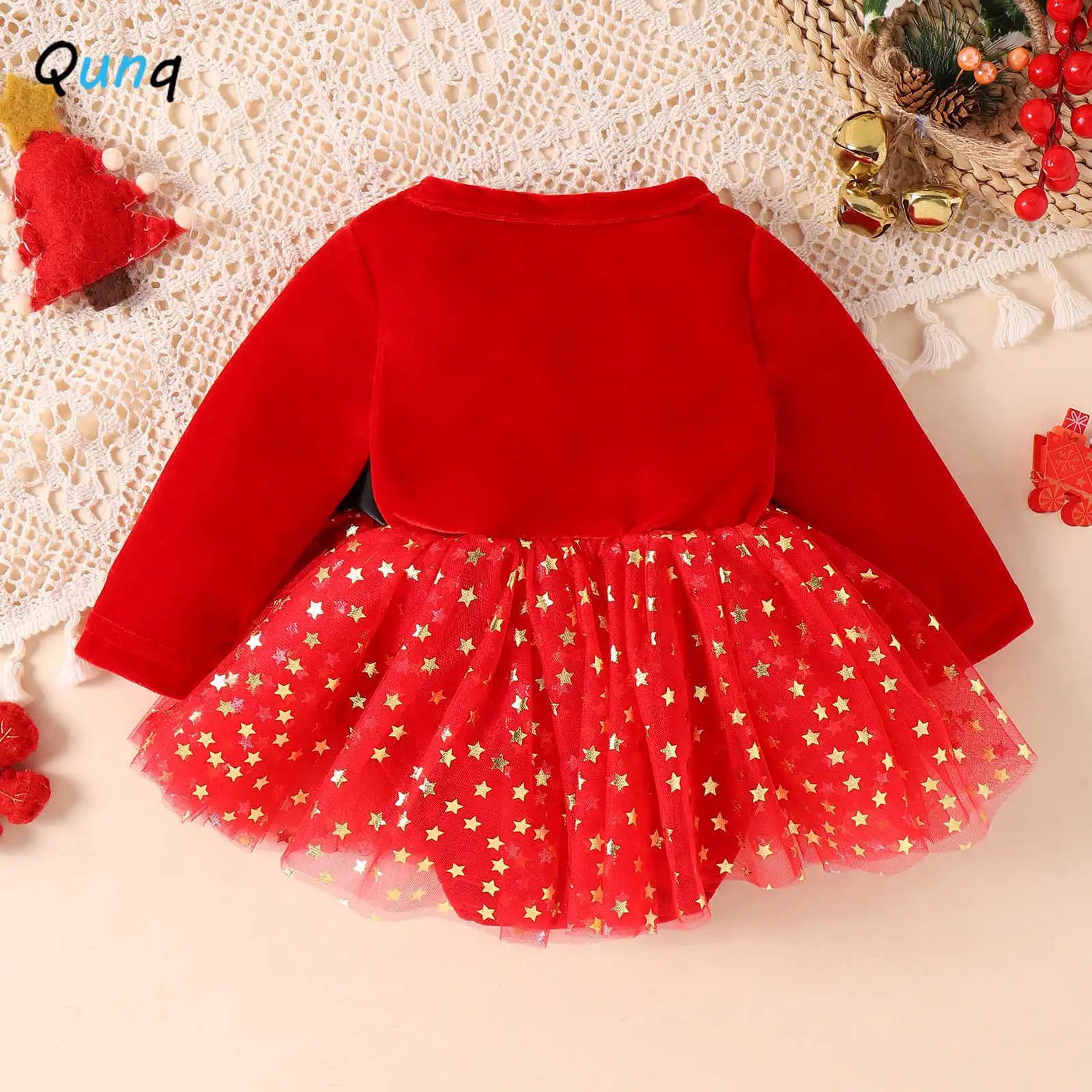 Qunq 2023 Autumn Winter New Girls Golden Velvet Long Sleeve Spliced Sequin Mesh Rompers Dress Casual Kids Clothes Age 0T-2T