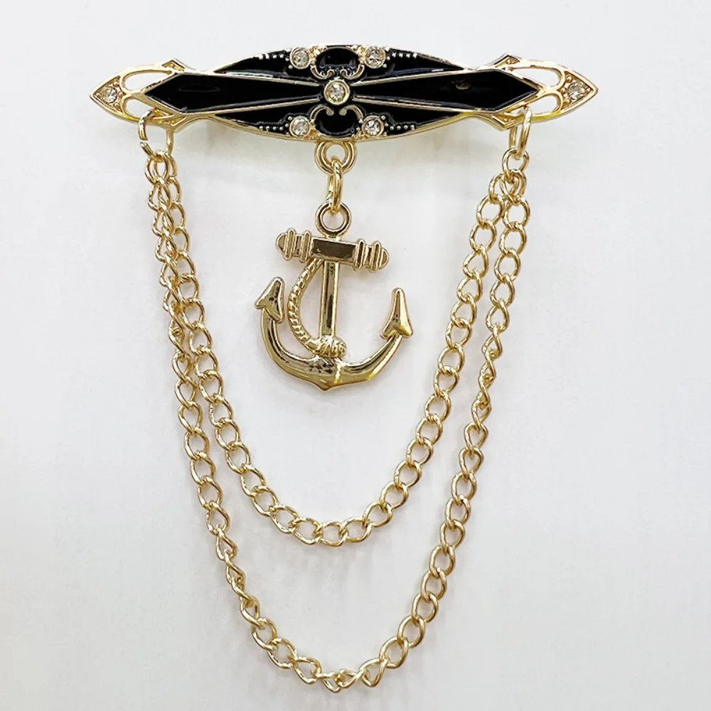Anchor Alloy Rhinestone Brooch Pin British Style Suit Elegant Tassel Chain Lapel Pins for Men Women Fashion Jewelry Accessories
