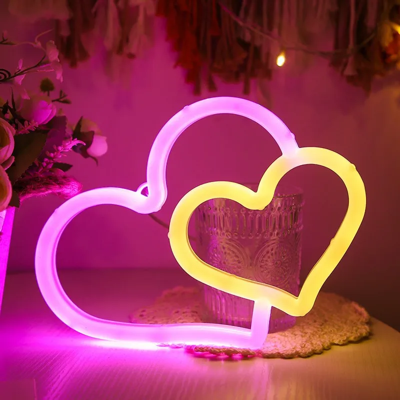 Double Love LED Neon Signs Night Light,USB, Battery 62 Atmosphere Lighting, Bedroom Lovers, Leon, Confession Decor