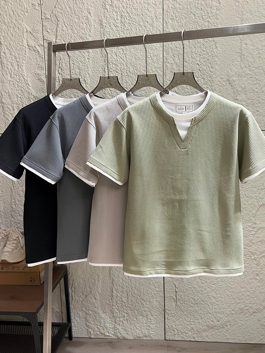 

Casual Loose Men's Short Sleeve T-Shirt Breathable Comfortable Summer Versatile Waffle Texture Design Half Open Collar Sweats...