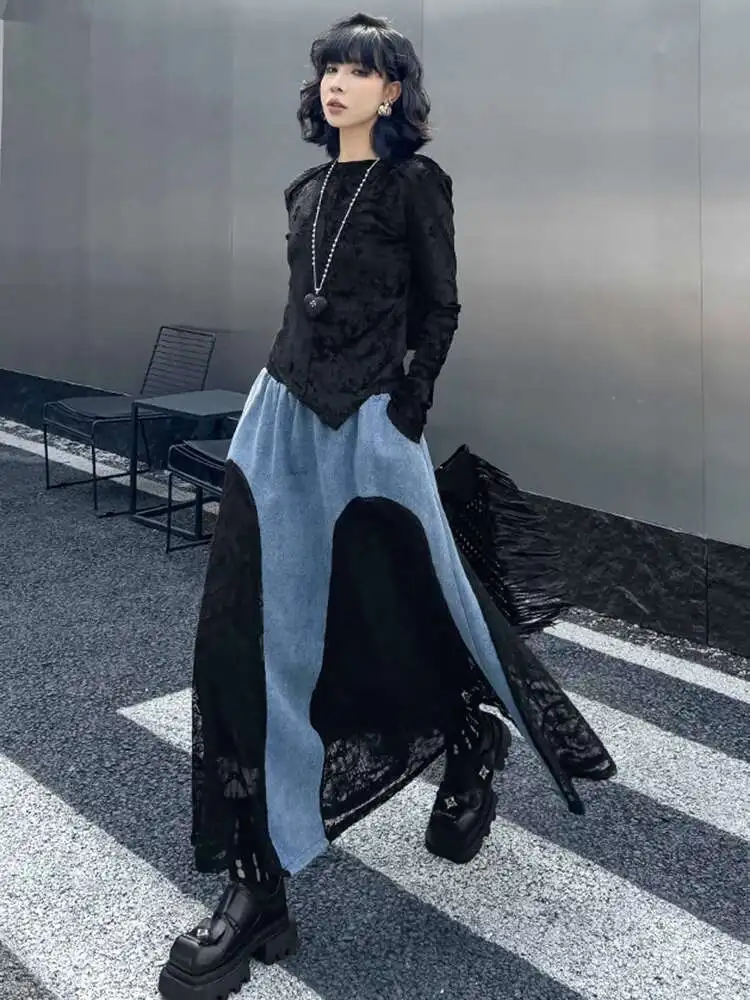 High Elastic Waist Black Lace Denim Color-block A-line Half-body Skirt Women Fashion Tide New Spring Autumn
