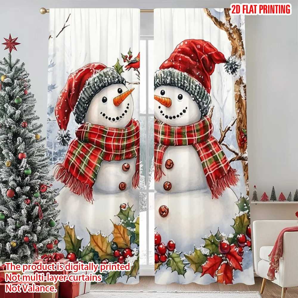 

2pcs 2D flat printing Merry Christmas Window Drapes Christmas snowman4 Versatile 100% Polyester Without Electricity Festive