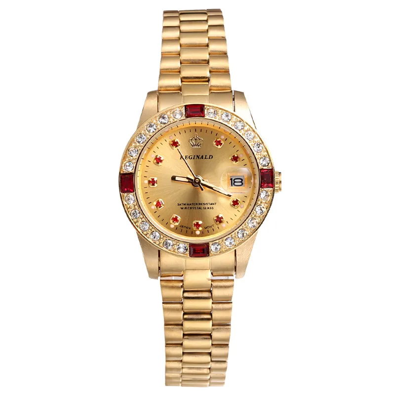 Fashion REGINALD Top Brand Full Golden Stainless Steel Watch Date Crystal Styles Ladies Dress Clock Water Proof Dress Wristwatch