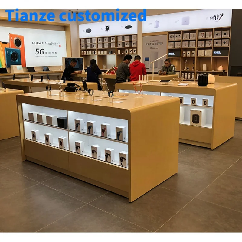 （customized）Wooden Phone Display Desk Retail Mobile Phone Shop Display Counter with LED Light  Cellphone Showcase