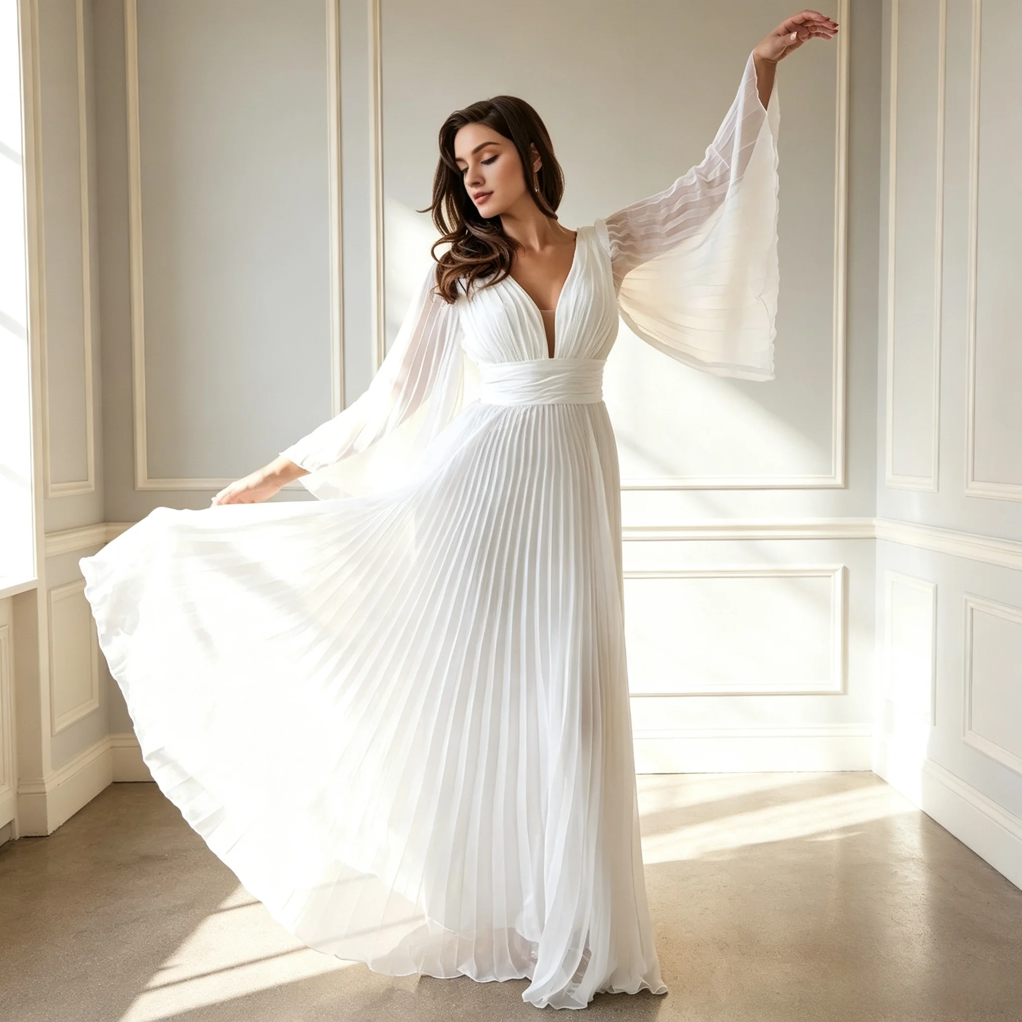 Deep V Bell Sleeve Pleated Chiffon Wedding Dress Ruched Waist Flowy Floor Length Bridal Gown Cheap Customization