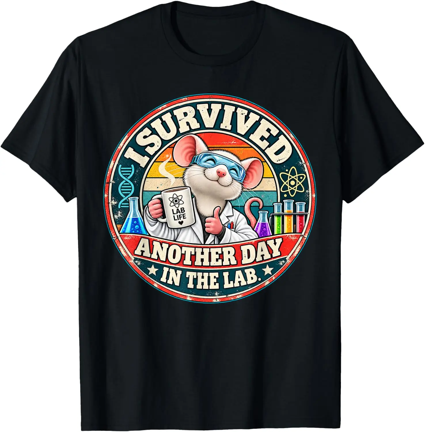 I Survived Another Day In The Funny Lab Rat Science T-Shirt Men Vintage Graphic T‑Shirt, Casual Crew Neck Short Sleeve Retro Art Print Tee, Classic Distressed Style Printed Top