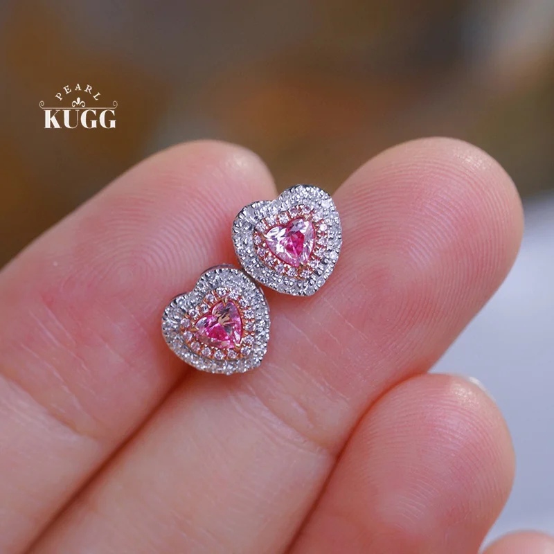 KUGG 100% 18K White Gold Earrings Romantic Heart Design Real Natural Pink Diamond Stud Earrings for Women High Wedding Jewelry