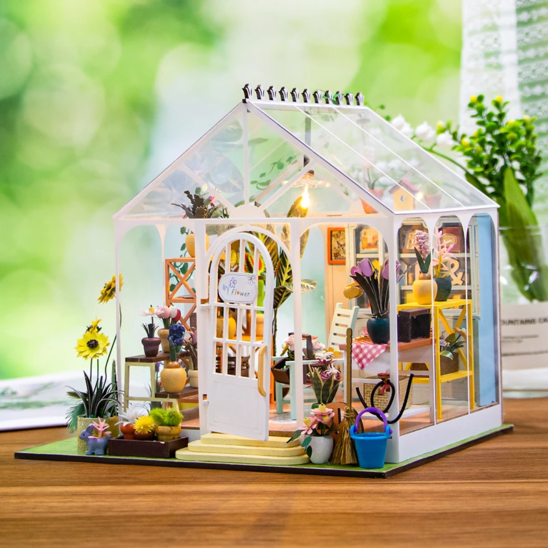 DIY Houten Miniatuur Model Kit Sunshine Flower Cottage Casa Poppenhuizen 3D Puzzel Poppenhuis Met Meubels voor Vrienden Geschenken