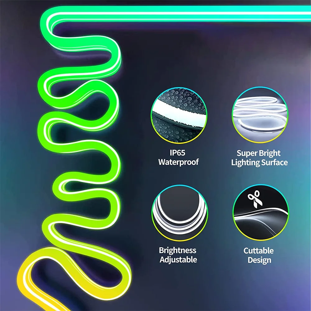 2/5M LED Flexible Silicone Neon Light Strip App Control RGBIC Dimmable Neon Backlight Lamp for Home Neon Sign Decor Lighting