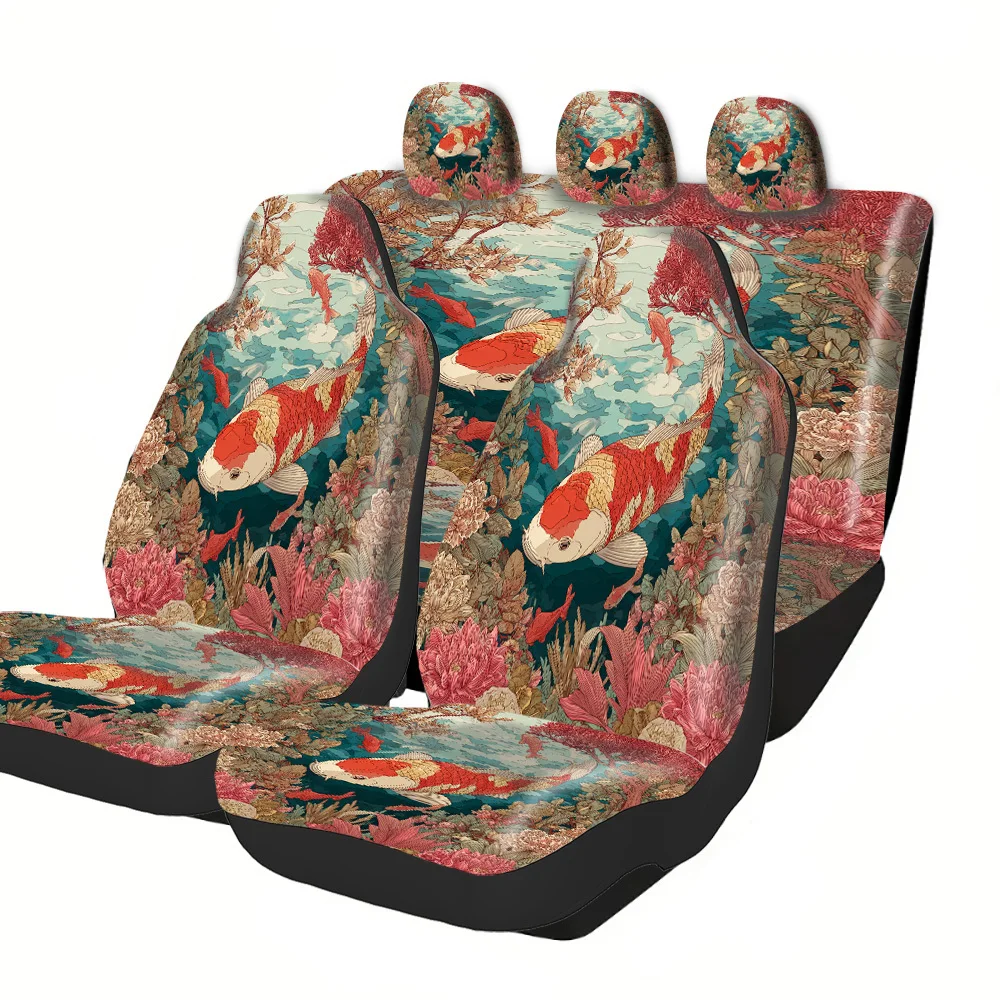 2-5 Seat Set Car Seat Covers Premium Heavy-Duty Fit Truck SUV Off-road Car Compatible Vibrant Koi Flowers Pattern Seasonal Hall