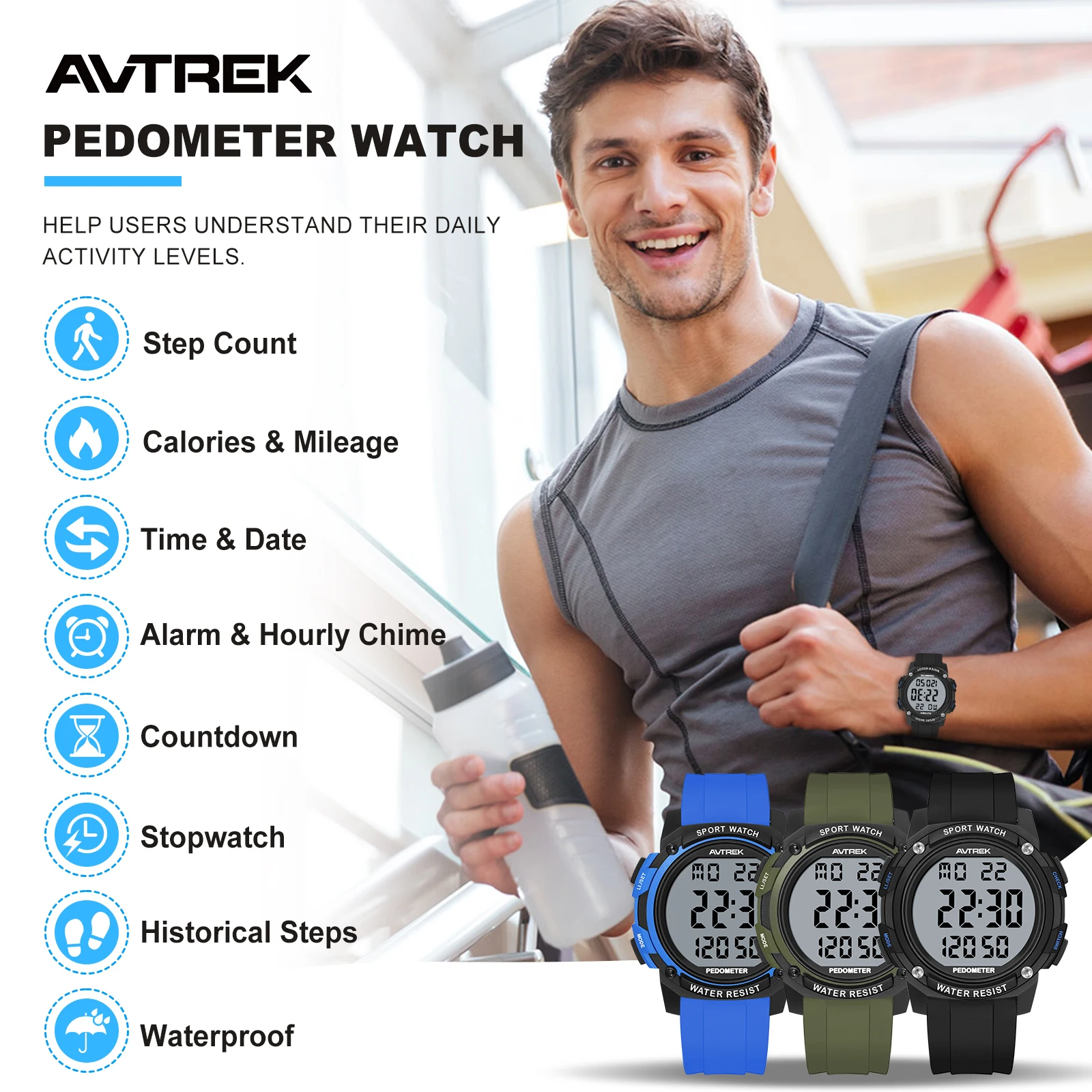 AVTREK Pedometer Watch for Men Walking Step Counter Watch 50M Waterproof Backlight Sports Fitness Watches Gift Digital Watch