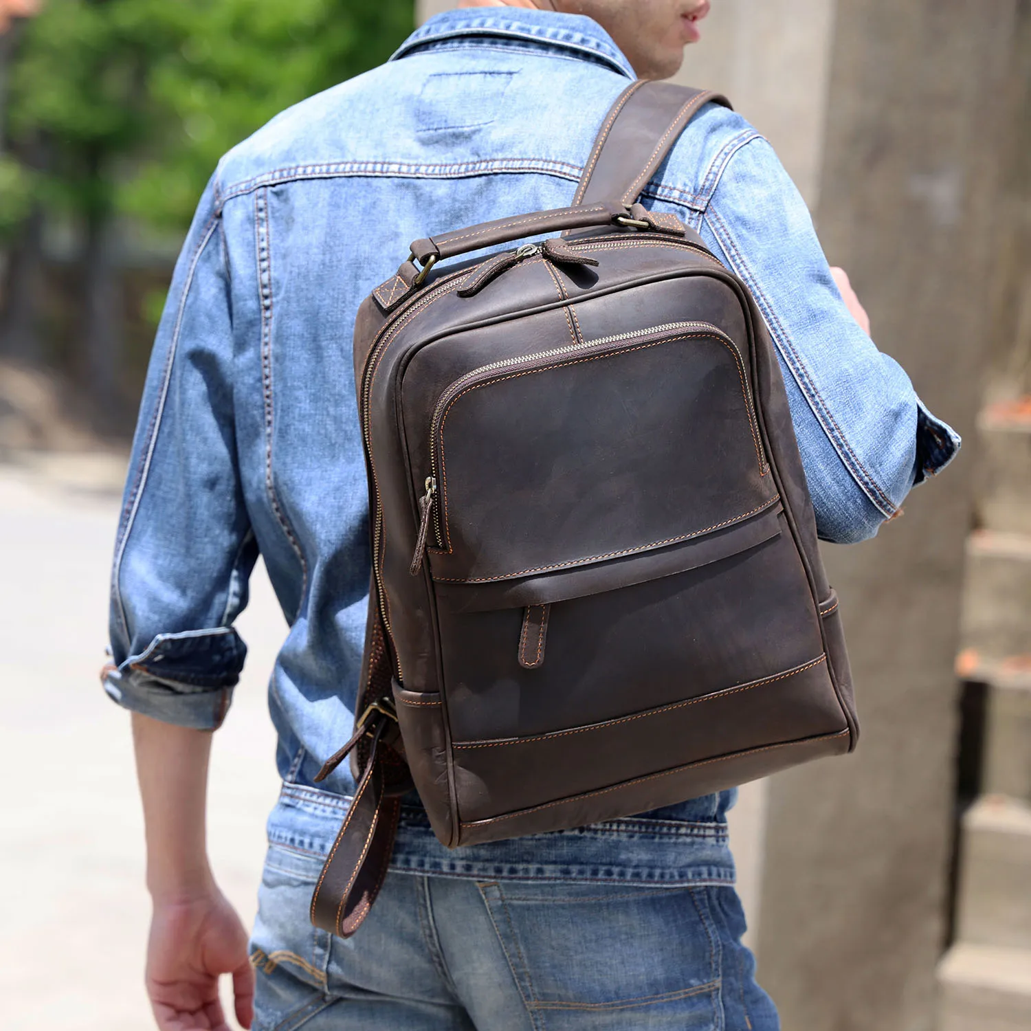 S.WORKER Vintage Echtleder-Rucksack für Herren, Große Laptop-Schultertasche, Klassische Vintage Crazy Horse Reise- und Schultasche – Detail 5