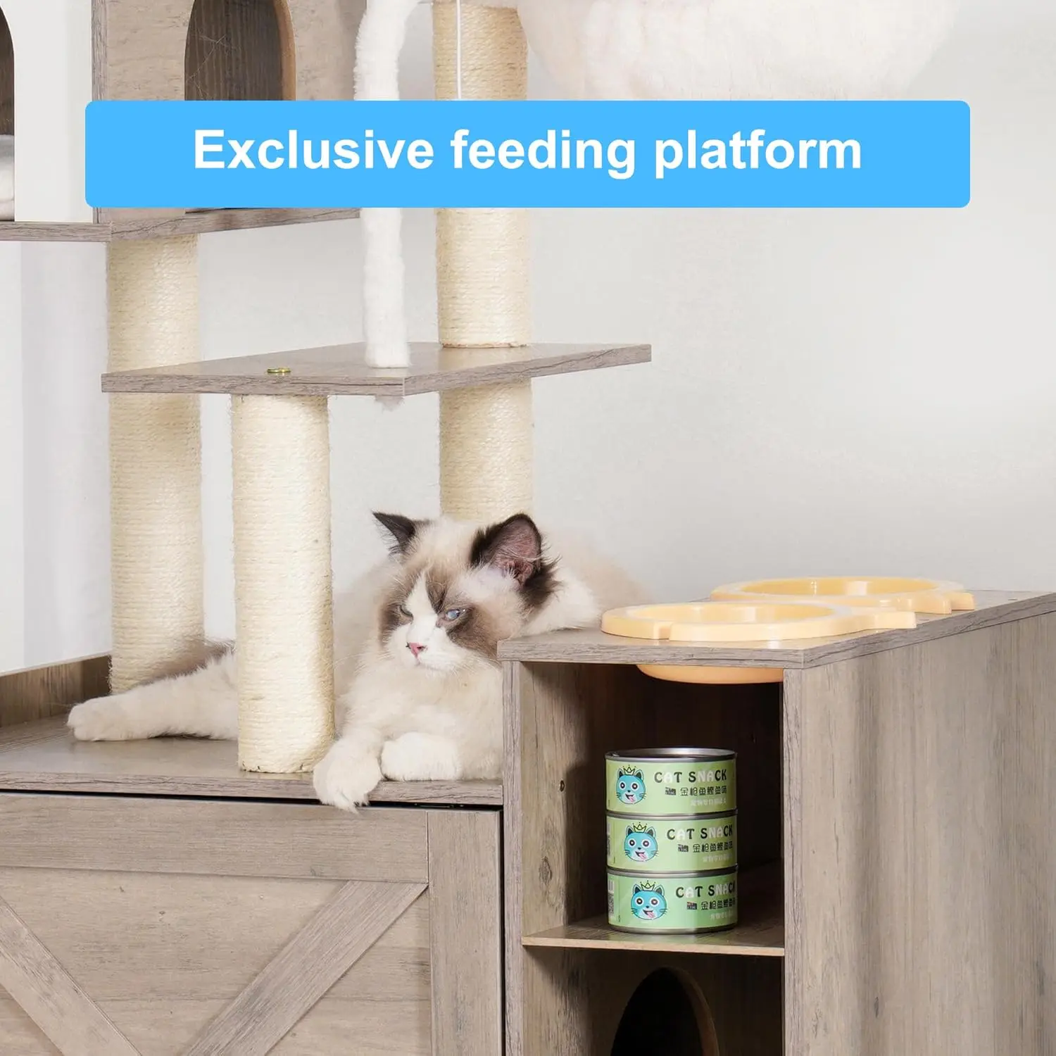 Modern Cat Tower for Indoor Cats with Large Platform, Condo Food Station