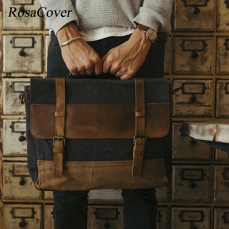 Large Capacity Oil Wax Canvas Handbag Mens Waterproof Shoulder Bag Vintage Canvas Leather Briefcases 14