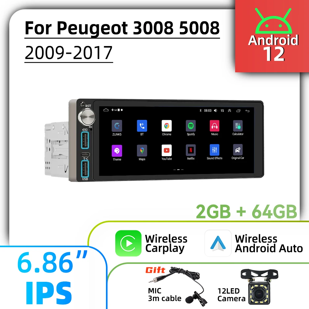 

Мультимедийная магнитола Carplay для Peugeot, стерео-система на Android, с экраном 6,86 дюйма, GPS, для Peugeot 3008, 5008, 2009-2017, Типоразмер 1DIN