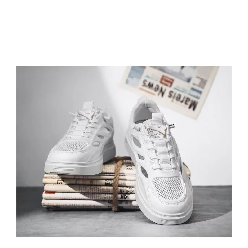 Korean Style Men's Mesh Sneakers 2026 Summer Hollow Out Breathable Thick Sole Casual Daily Streetwear Footwear