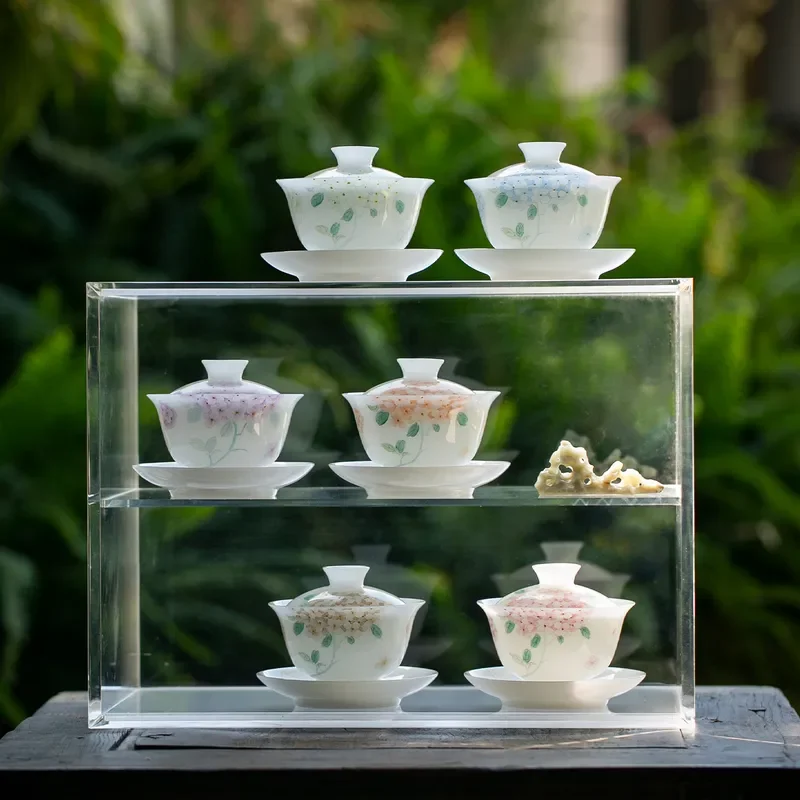Hand Painted Sancai Lidded Tea Bowl Thin Jade Porcelain Cup Anti Scalding Household Light Luxury Chinese Style Teaware for