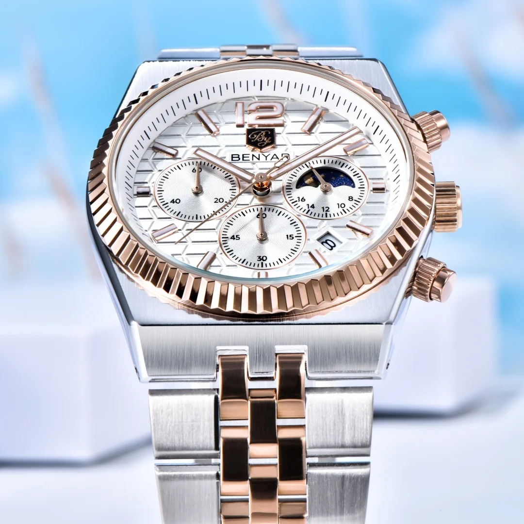 BENYAR 5225 Fashion Men's Quartz Watch Multi Functional Calendar Waterproof Moon Phase Steel Belt Business Watches for Men