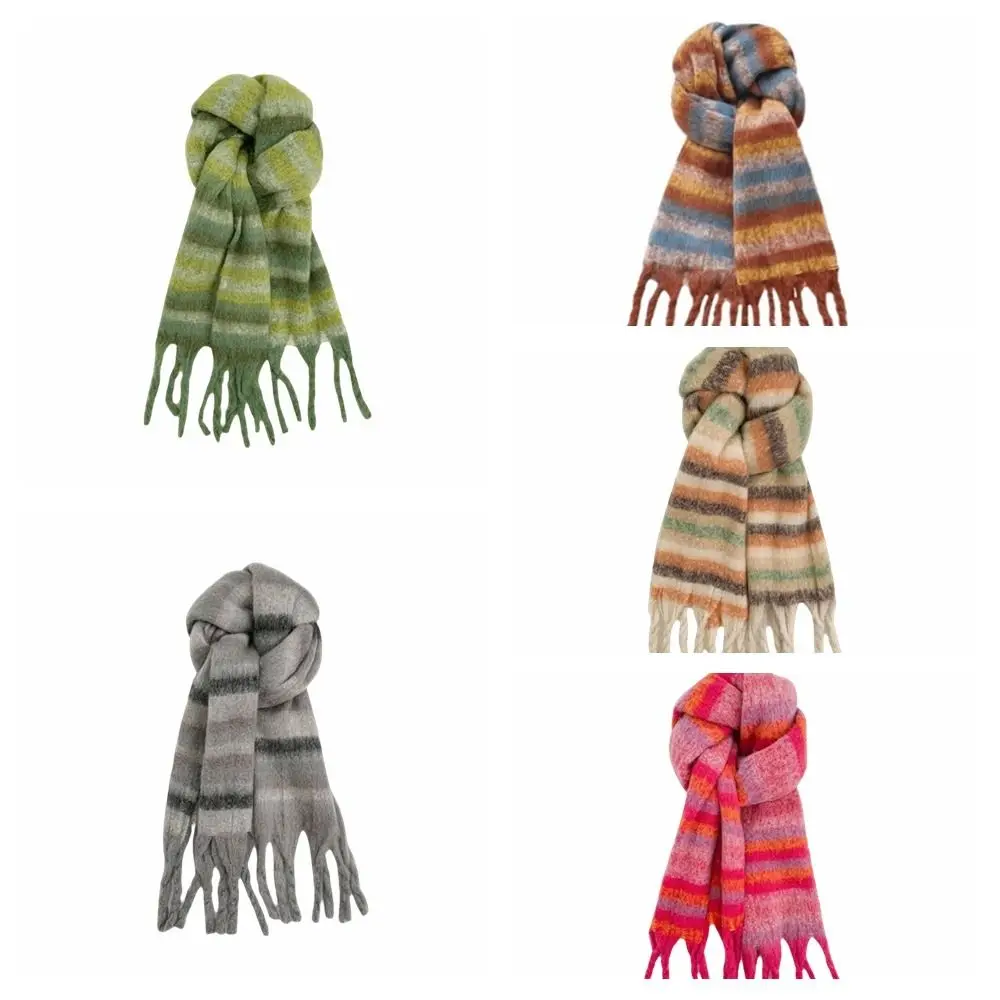 Eleganter Regenbogen-Streifen Wollschal mit Quasten, Plüsch-Winter-Kaschmirschal, Mohair, Warmer Langer Schal für Herren – Detail 2