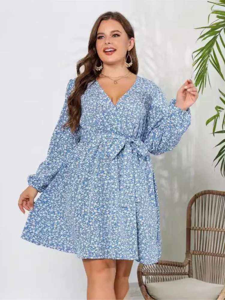 Plus Size Summer Flower Floral Print V-Neck Mini Dress Women Ruffle Pleated Loose Fashion Ladies Dresses Long Sleeve Woman Dress