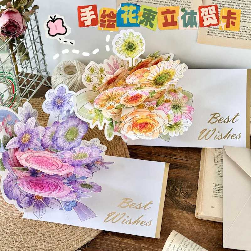 

Creative Watercolor Flower Birthday Card for Lovers: Hot-Stamped 3D Pop-Up Card with Surprise Greeting and Envelope