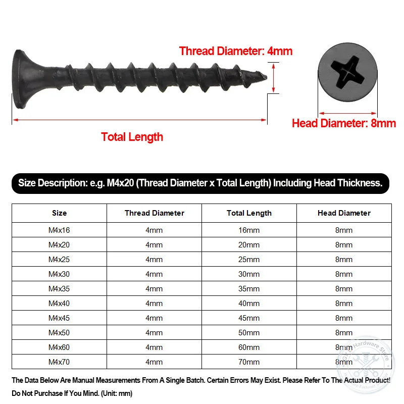 M4 Black Hardened Phillips Countersunk Self‑Tapping Screw Coarse Thread High Strength Wood Drywall Screw For Furniture 16‑70mm