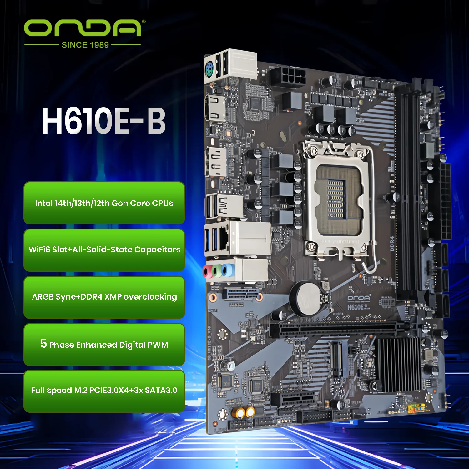 

New ONDA H610 LGA 1700 Intel Motherboard-12/13/14th Gen Core i3/i5/i7 Ready,Dual DDR4,M.2 NVMe PCIe,WiFi6 Slot,ARGB Sync,M-ATX