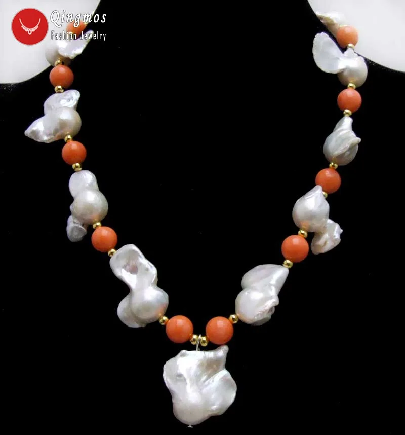 Qingmos 15-25mm Baroque Natural Nuclear FW White pearl Pendant Necklace for Women with 9-10mm Pink Coral Necklace 17'' Chokers