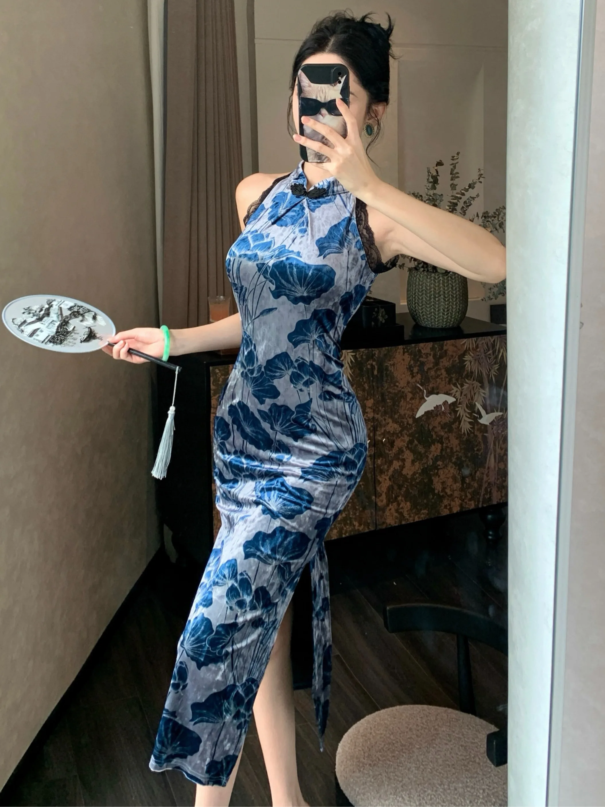 

Retro Chinese Sle Blue Embroidered Long Qipao Dr Formal Ocn Ele Waist-Cinching Bodycon Gown Velvet Material