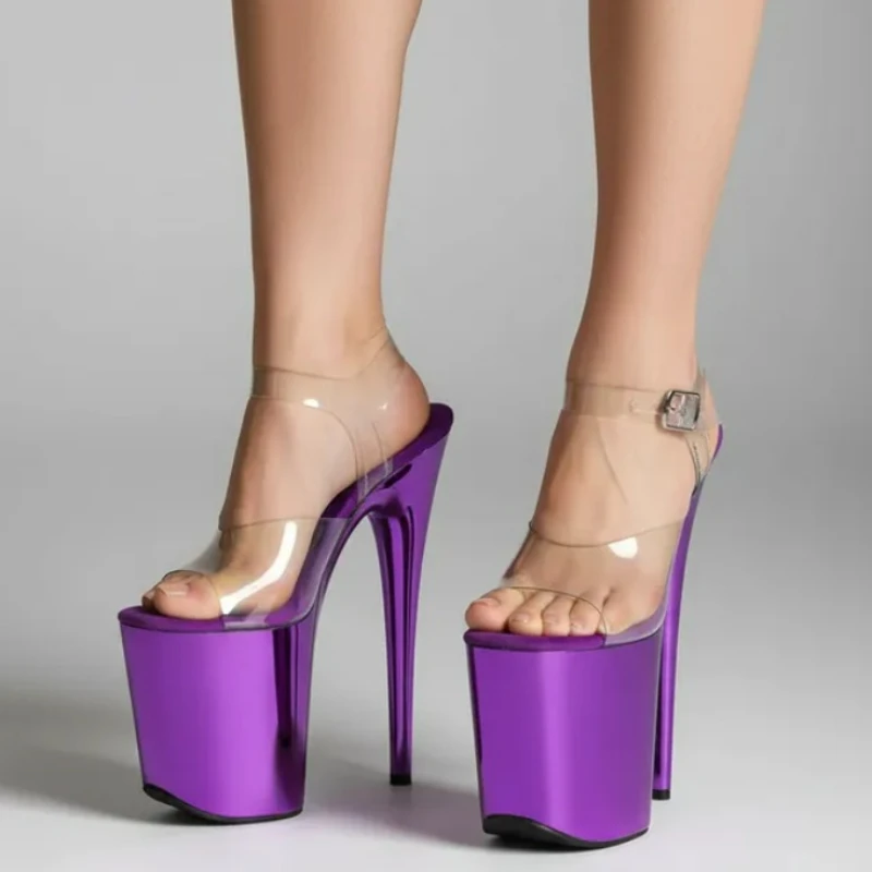 Summer 20cm Pumps 8 inch Thin High Heel Sandals Transparent Electroplated Stilettos Pole Dance Women Party Shoes Plus Size