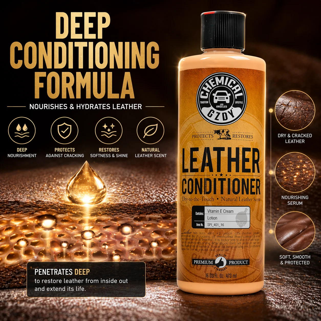 Car Interior Leather Conditioner 16oz, Leather Cleaner Restorer, Moisturizing Care Lotion for Seats, Sofa, Shoes & Bags