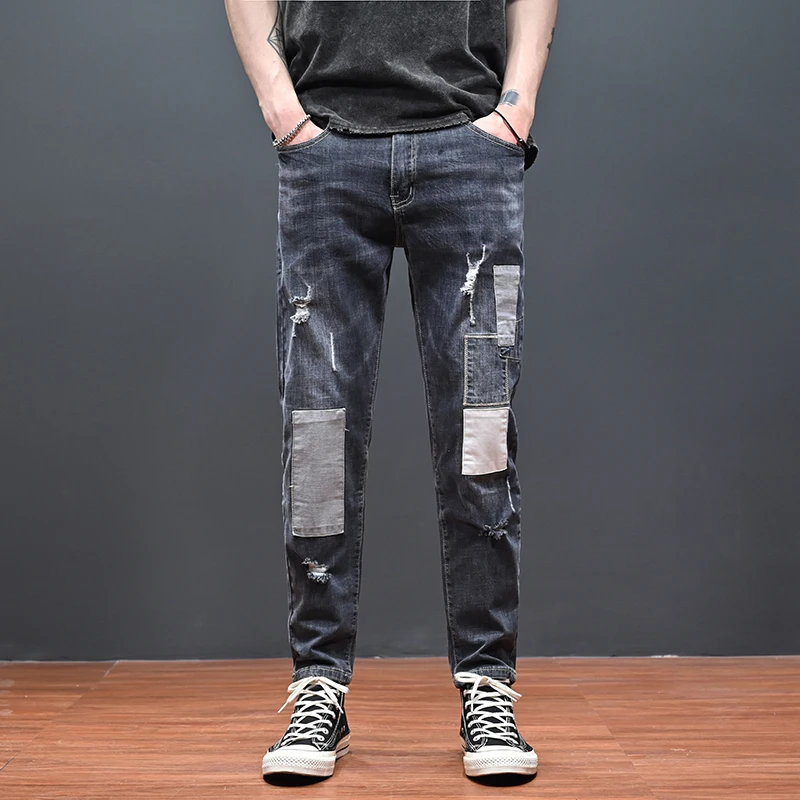 

2022 Fashion Men Casual Ripped Hip Hop Pants Straight Jean Pants for Male Distressed Slim Fit Denim Trousers Streetwear Z11