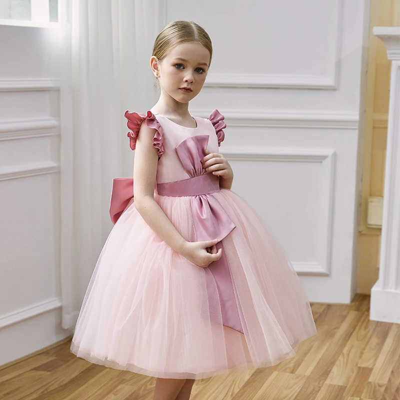 키즈 공주 백리스 푹신한 드레스 민소매 우아한 활 소녀 생일 파티 드레스 결혼식 가운을위한 꽃 소녀 드레스