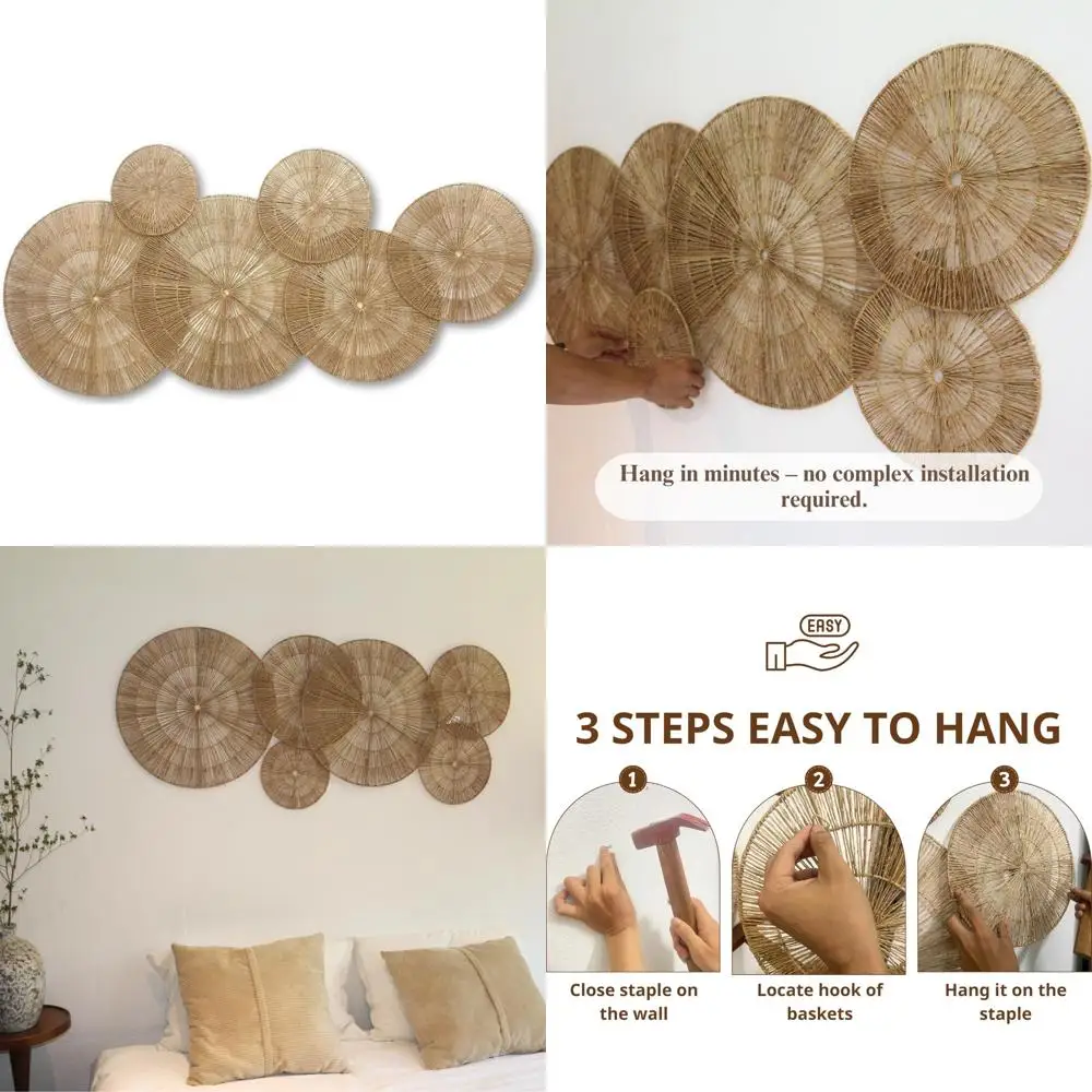 

Boho Style Wall Decor Set of 6, Jute Baskets, Woven Art for Bed Area, Decorative Wall Plates with Metal Frame