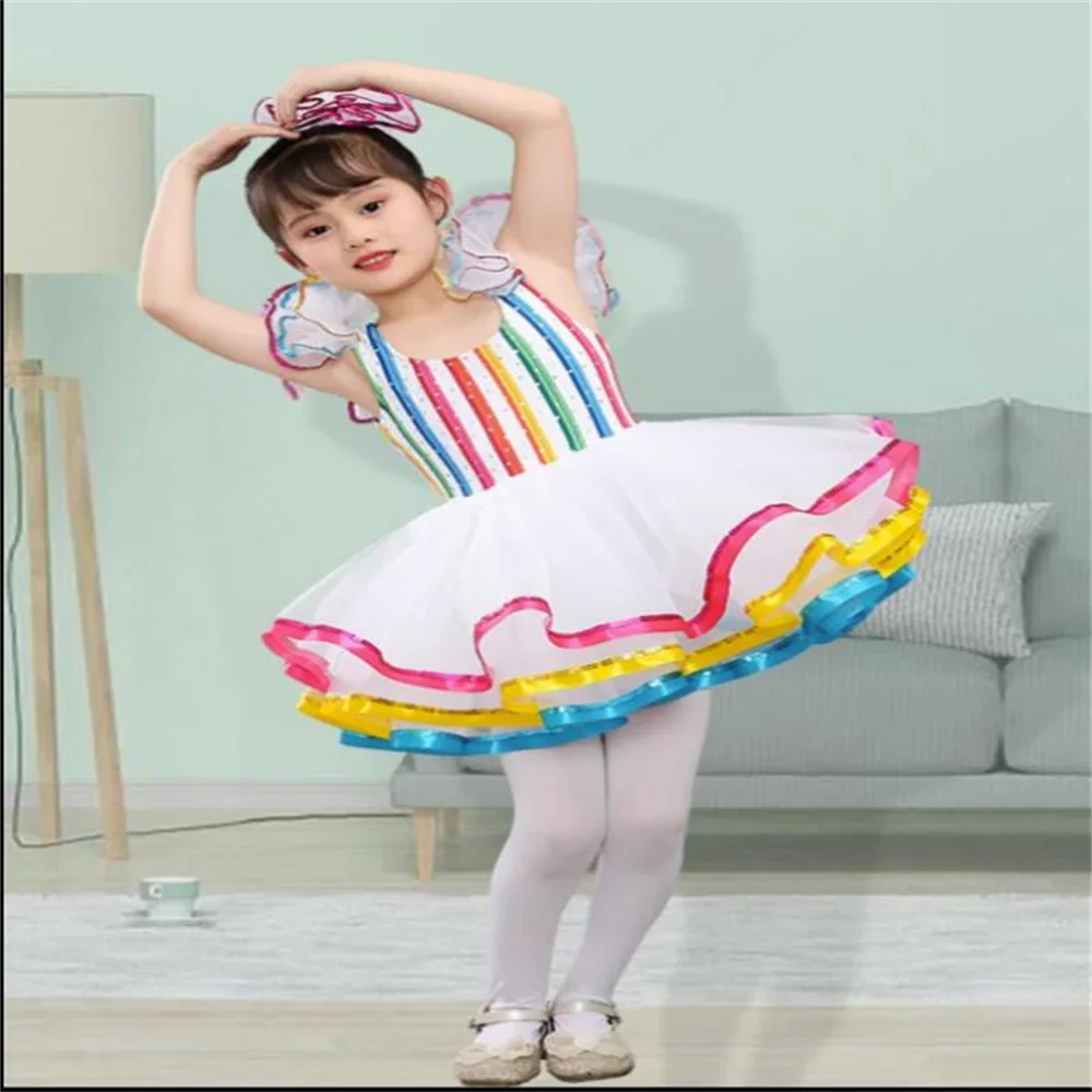 

2025Seven colors-rainbow Kids Classic Professional Ballet Tutu Children's sequins chorus dress Chorus costumes Princess gauze sk