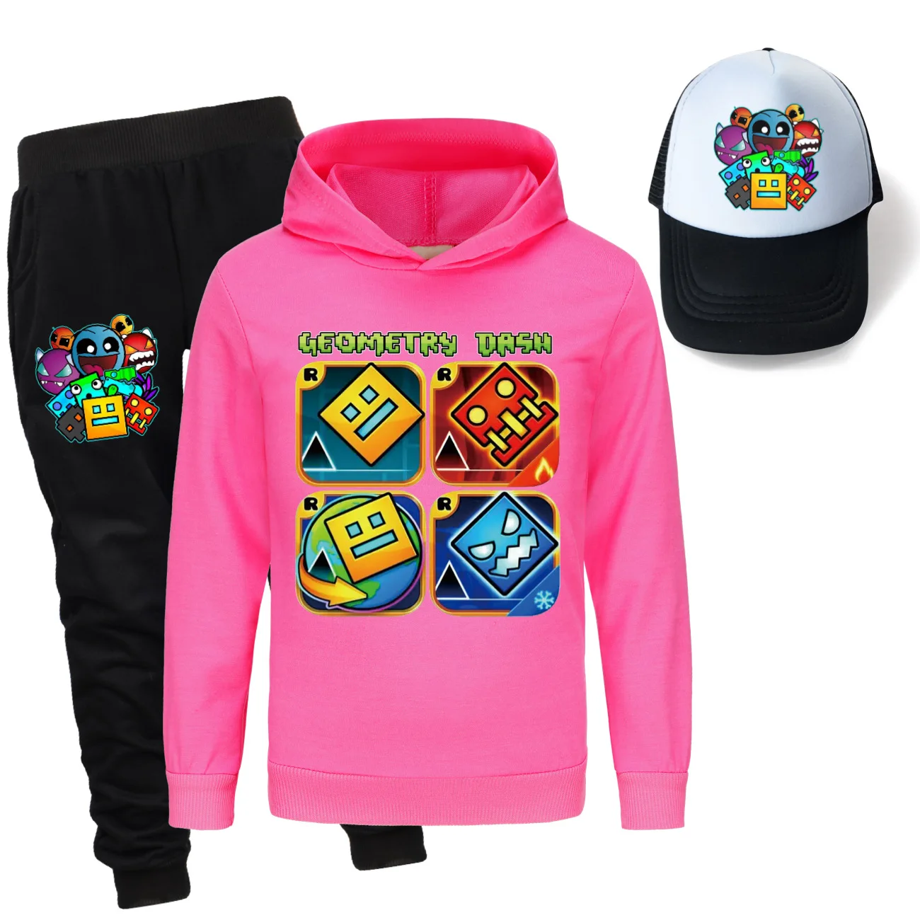 Geometry Dash Boys Girls Tracksuit Kids Long Sleeve Hoody+ Pants Set Spring Autumn Children Clothing Infant Sets Sport Suits+cap