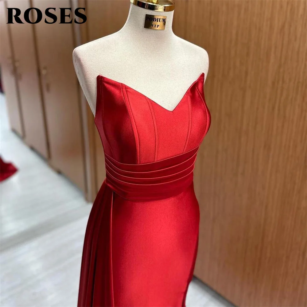 ROSES Red V Neck Long Party Dresses Stain Mermaid Vintage Night Dresses Sleeveless Split Celebrity Dresses vestidos de fiesta