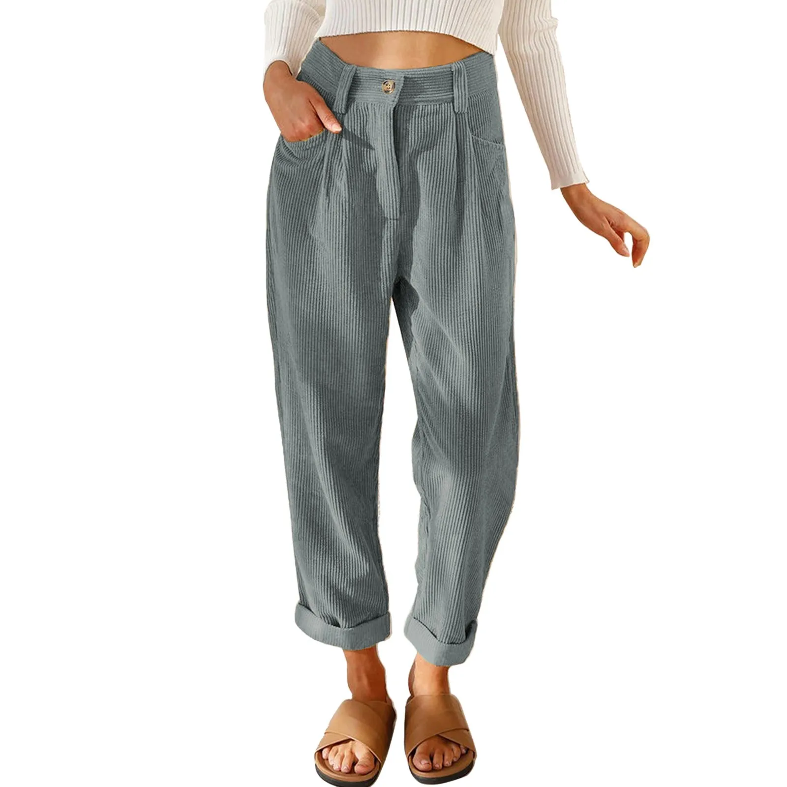 

Women Corduroy Cropped Pants Pockets Straight Wide Leg Elegant Casual Trousers For Autumn & Winter Hip Hop Streetwear Pants