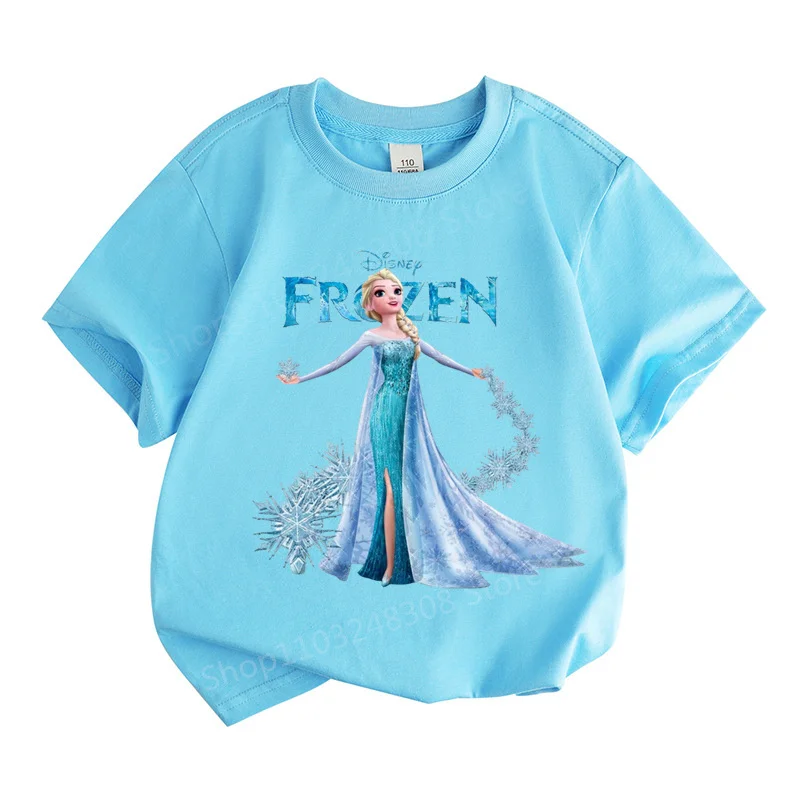 2024 New Design Cartoon Disney Frozen Princess Children 100%Cotton Girl Printed Street Casual Short Sleeve T-Shirt Girls Clothes