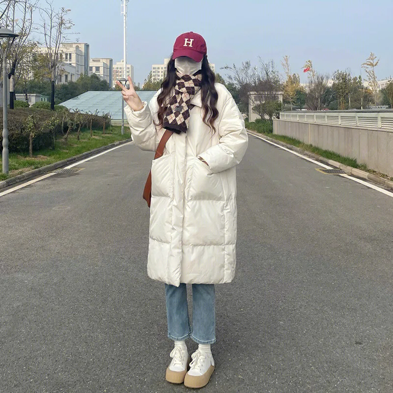 Harajuku Long Down Cotton-Padded Jacket Women Korean Version Stand Collar Big Pocket Coat Y2k Winter Comfortable Casual Trend