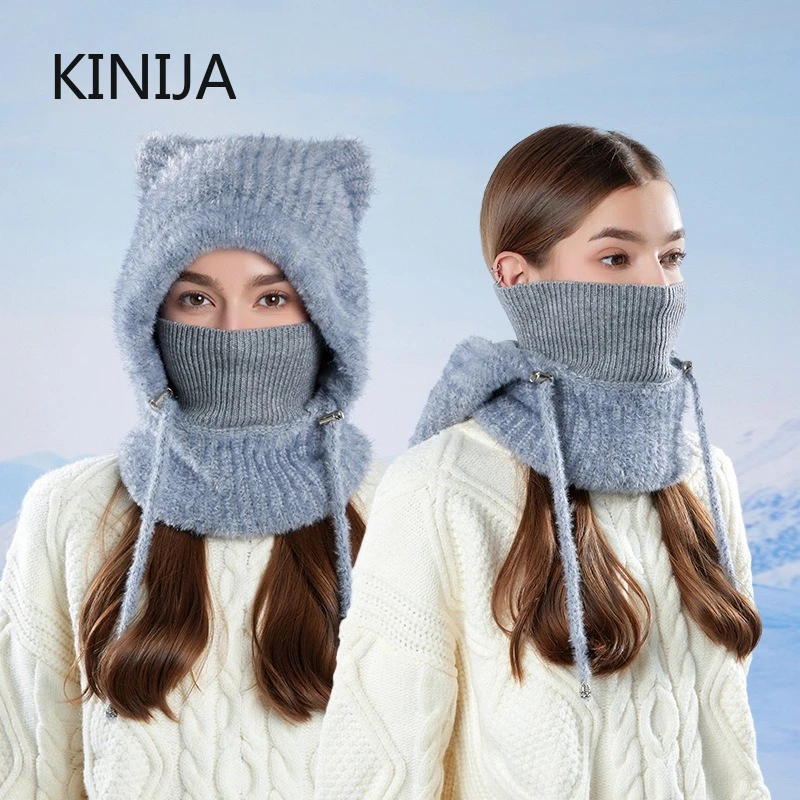 Winter Women Velvet Knitted Woolen Balaclava Hat Ear Protection Fluffy Hat Mask Neck Integrated Warmth Cover Hat Lady Hooded Cap