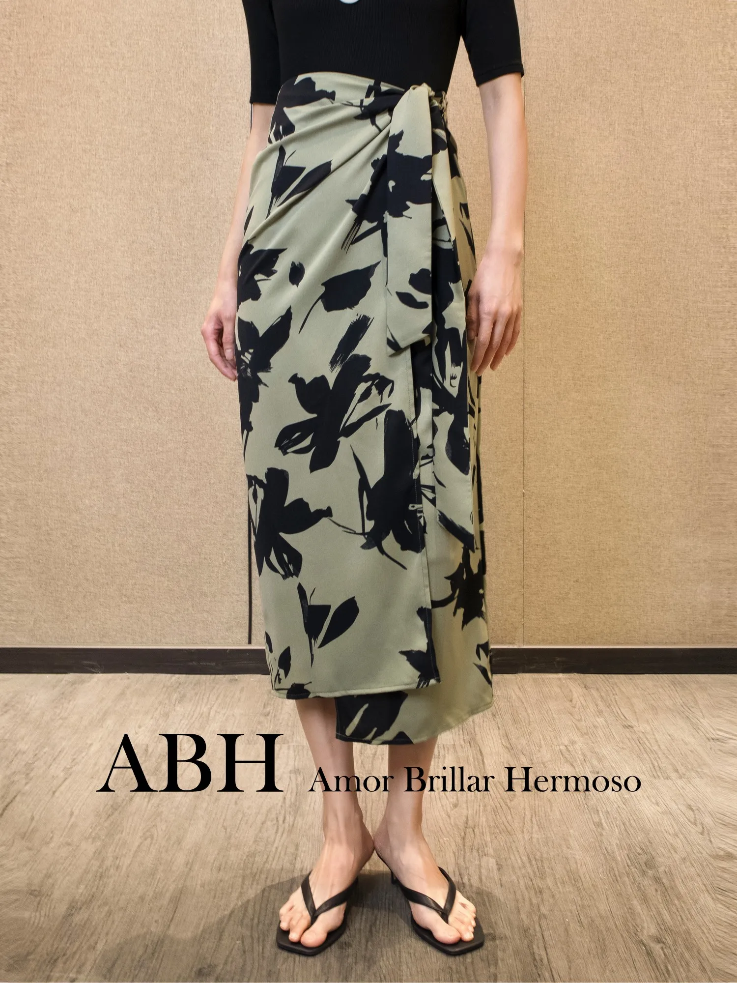 

ABH Floral Holiday Wrap Belted Midi Skirt Women's High Waist Straight Cut Printed Half-length City Commute Friendly Skirt