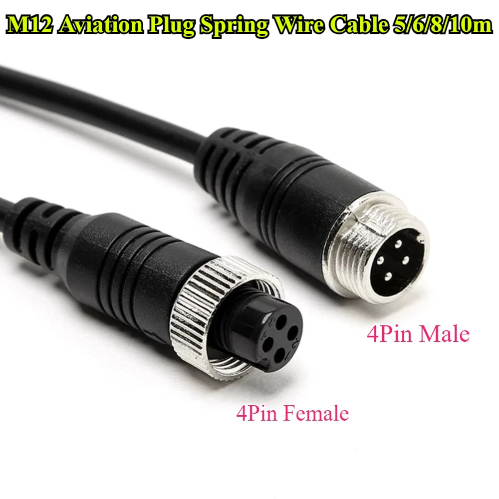 M12 Aviation Plug Spring Wire For Truck Camera Reverse Image 4Pin Male Female Double Shielding Aviation Extension Cable 5M-10M