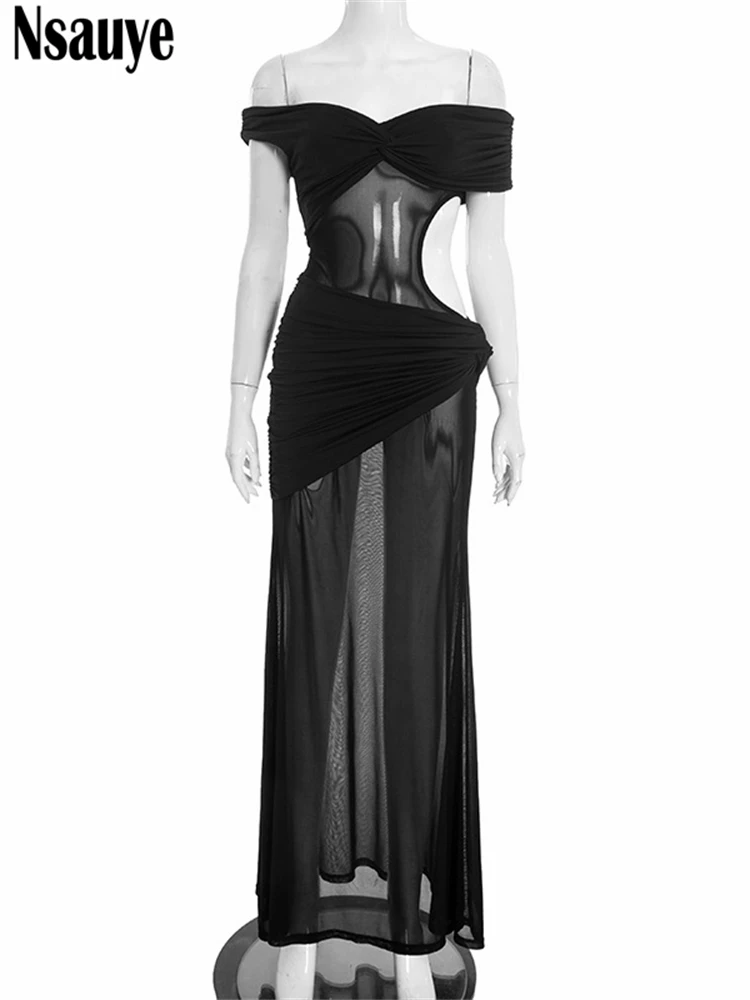 Nsauye Elegante Avondfeest Lange Bodycon Vrouwen Jurk Mesh See Through Kleding 2026 Nieuwe Mode Chic Sexy Nachtclub Zwarte Jurk