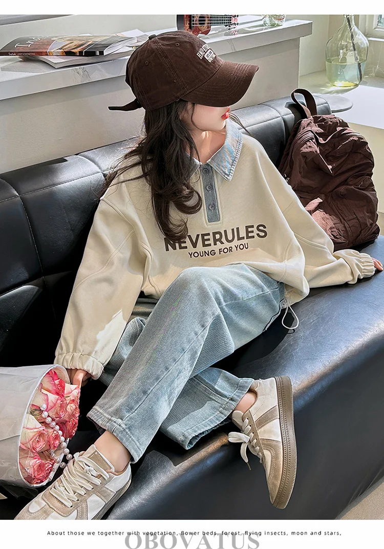 Koreanische Kinder-Langarm-Poloshirts für Mädchen Neue Mode Streetwear Kinder-Sweatshirt mit Denim-Kragen für Teenager im Alter von 5-14 Jahren – Detail 5