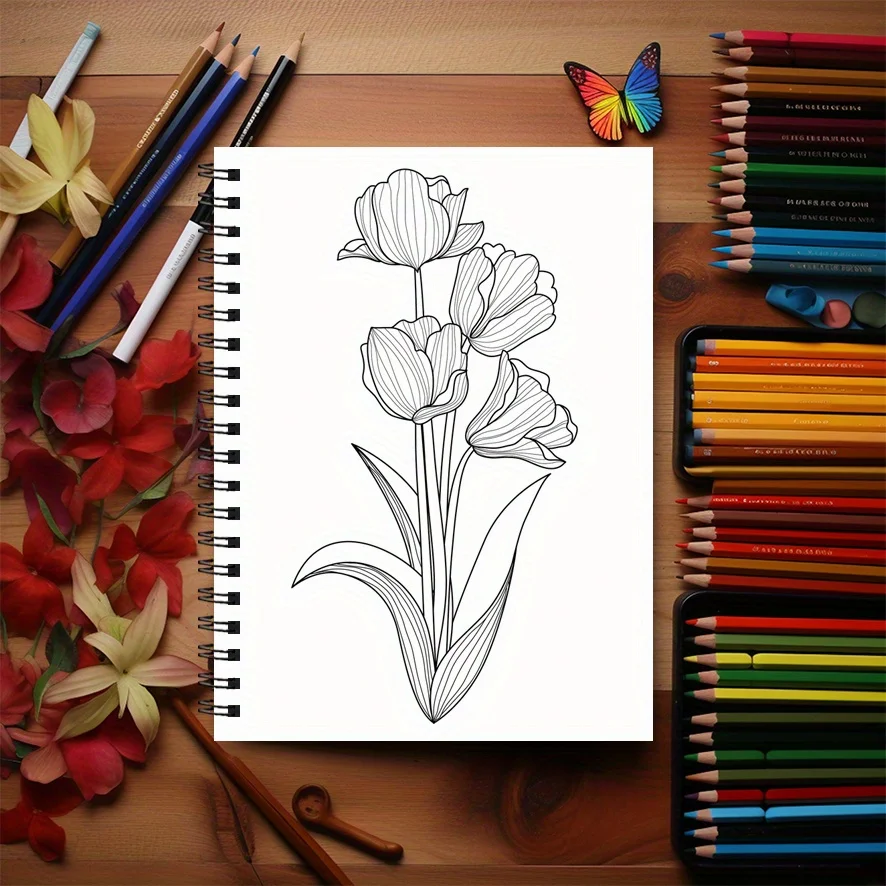 Flower Coloring Book for Adults - 8.3x11.2 Inch Stress Relief Coloring Book, 22 Art Illustrations, Relieve Anxiety and De-stress